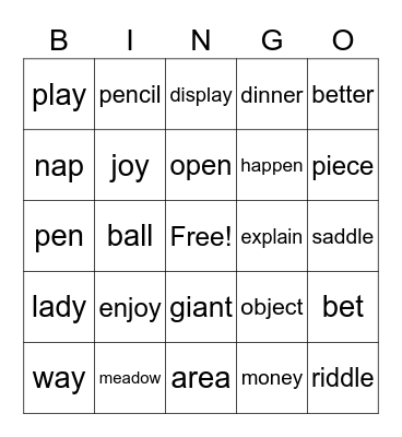 Unit 5 Spelling Bingo Card