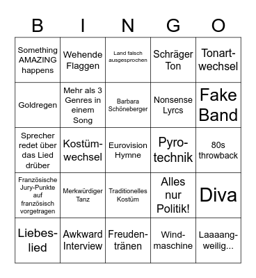 Eurovision 2021 Bingo Card