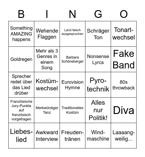 Eurovision 2021 Bingo Card