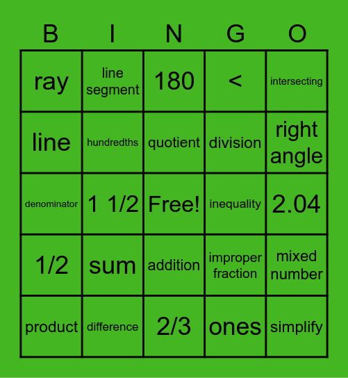 4th Grade Math Vocabulary Bingo Card