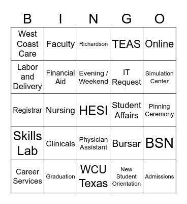 West Coast University Texas Bingo Card