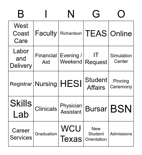 West Coast University Texas Bingo Card