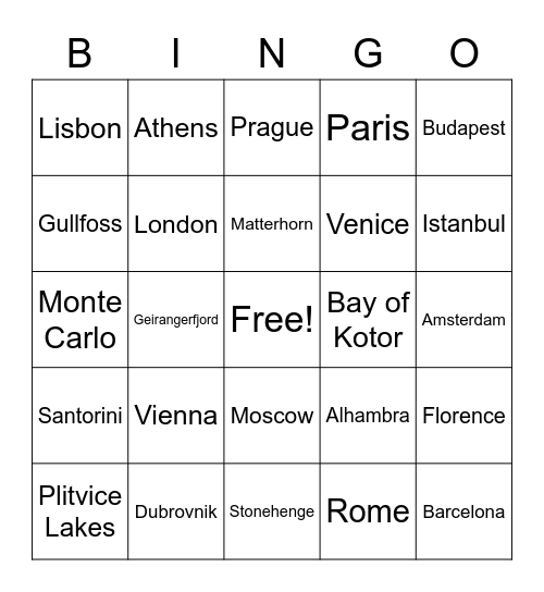 Europe Video Bingo Card