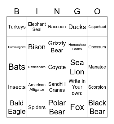 North American Wildlife Bingo Card