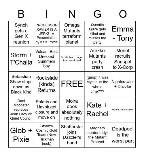 Hellfire Gala Predictions Bingo Card