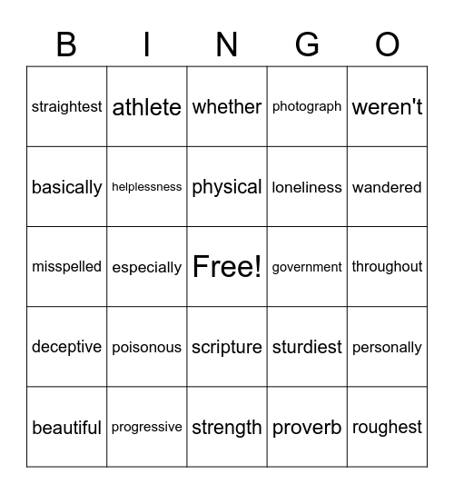 Level D Spelling Bingo Card