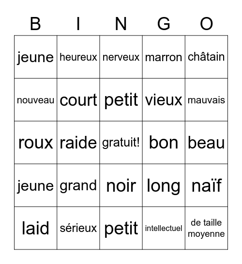 Les adjectivs Bingo Card