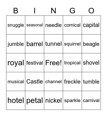 "el, "al" and "el" Words Bingo Card