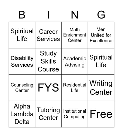 Student Success Bingo Card