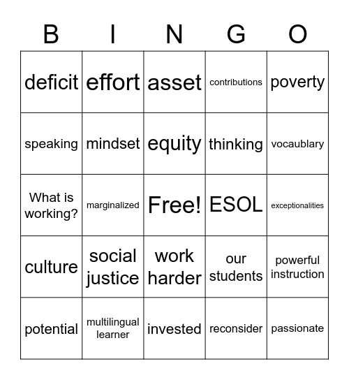 Breaking the Deficit Mindset Bingo Card