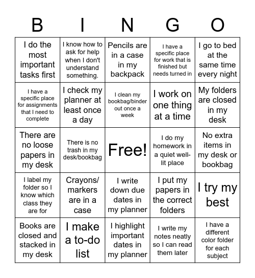 Am I Organized? Bingo Card