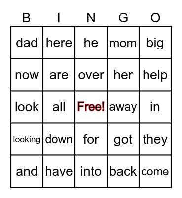 Sight Words Bingo Card