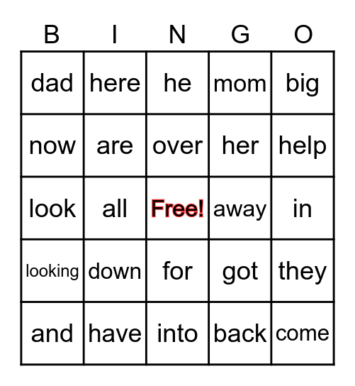 Sight Words Bingo Card