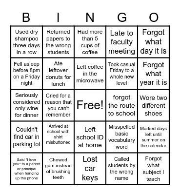 Tired Teacher BIngo Card