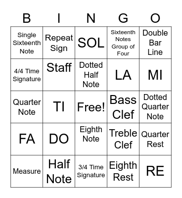Music Symbols Vocabulary Bingo Card