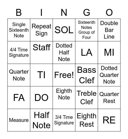 Music Symbols Vocabulary Bingo Card