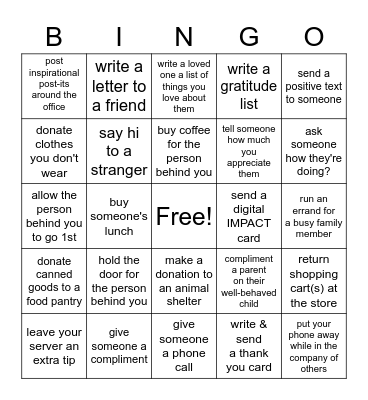 Acts of Kindness Bingo Card