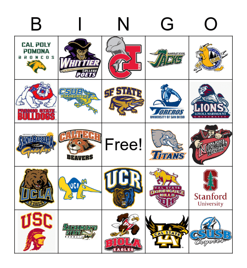 California College Mascots Bingo Card