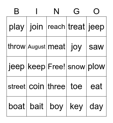 Words with Vowel Teams Bingo Card
