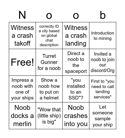 Noob Bingo Card