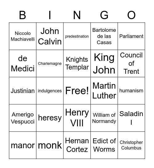 World History 2021 Part 1 Bingo Card