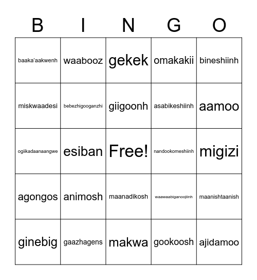 Awesiinyag Bingo Card