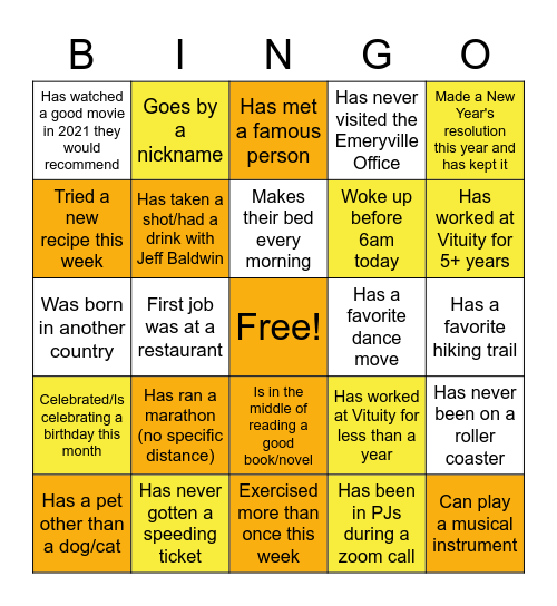 Vituity Happy Hour Bingo Card