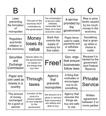 Government in the Economy Bingo Card
