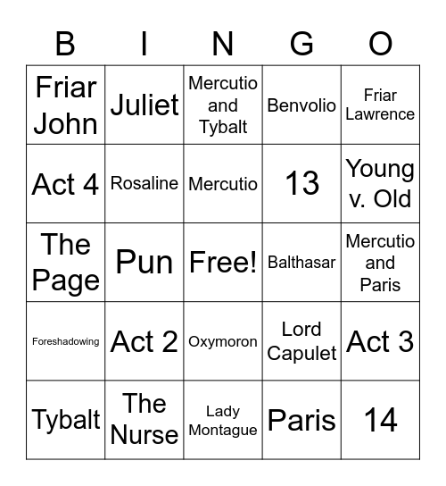 Romeo and Juliet Bingo Card