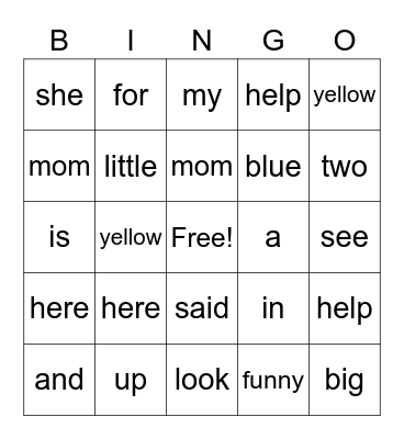 Sight Word Bingo Card