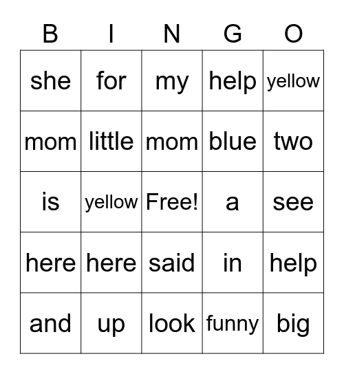 Sight Word Bingo Card