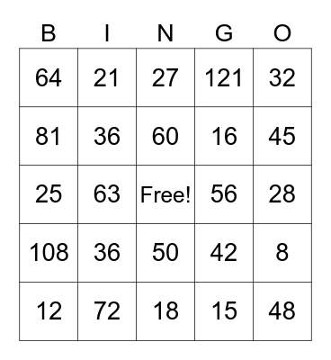 Multiplication Math Facts Bingo Card