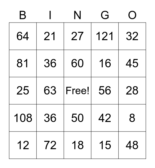 Multiplication Math Facts Bingo Card