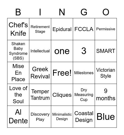 FACS Review Bingo Game!! Bingo Card