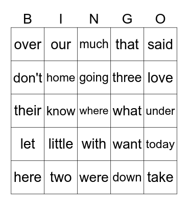 Sight Words Bingo Card
