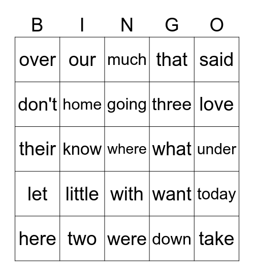 Sight Words Bingo Card