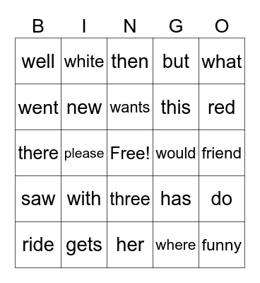 Sight Words Bingo Card