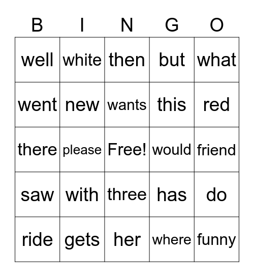 Sight Words Bingo Card