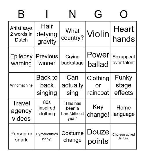 Eurovision 2021 Bingo Card