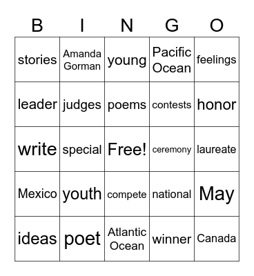 Youth Poet Laureate Bingo Card