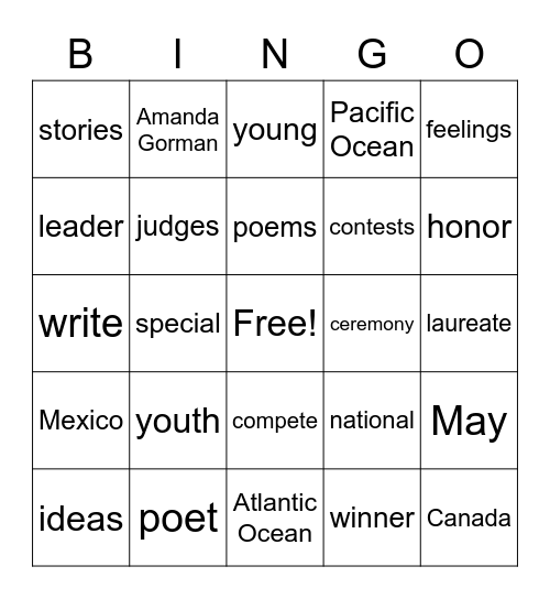 Youth Poet Laureate Bingo Card