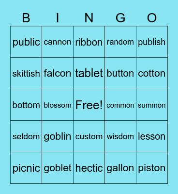 cvc/cvc (with schwa) Bingo Card