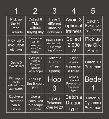 Sword and Shield Lockout Bingo Card
