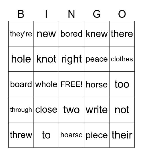Homophone Bingo Card