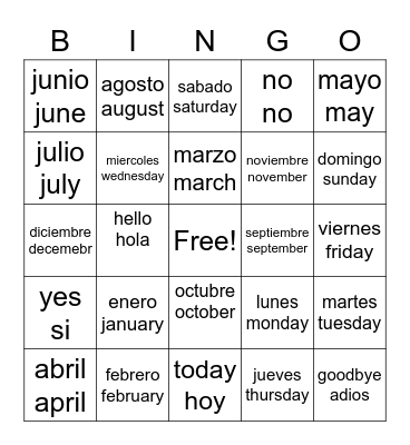 Days and Months of the Year BINGO Card