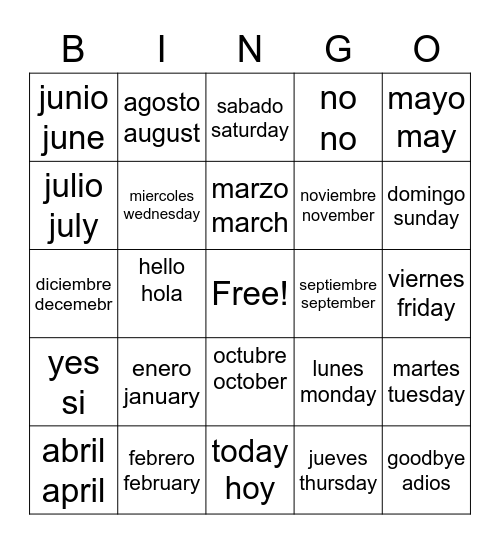 Days and Months of the Year BINGO Card