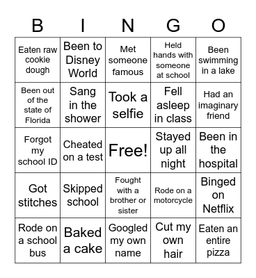 Never have I ever Bingo Card