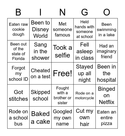 Never have I ever Bingo Card