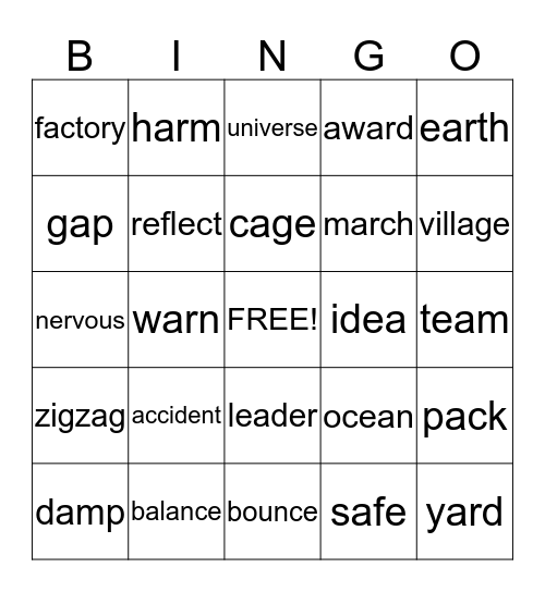 Vocabulary Bingo Card