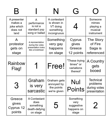 Eurovision Bingo Card